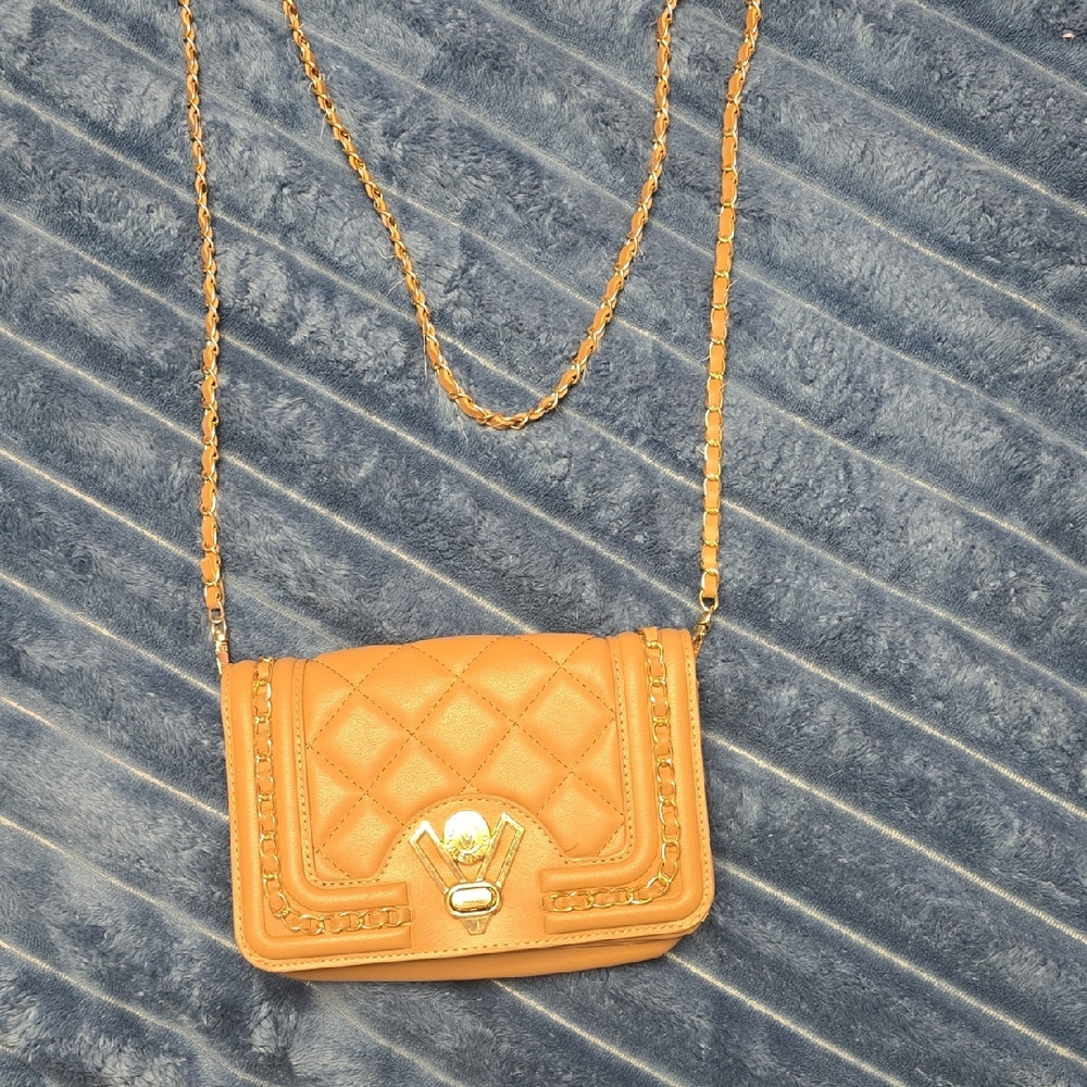 Valentino Orlandi Tan Quilted Crossbody Bag with Gold Chain